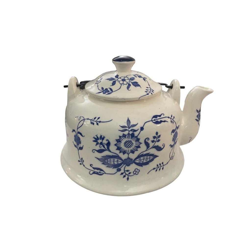 Vintage Blue and White Teapot with  Spiral Metal Handle